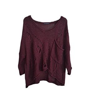 Brandy Melville One Size Fits All Distressed Burgundy Wool Crochet Knit Top